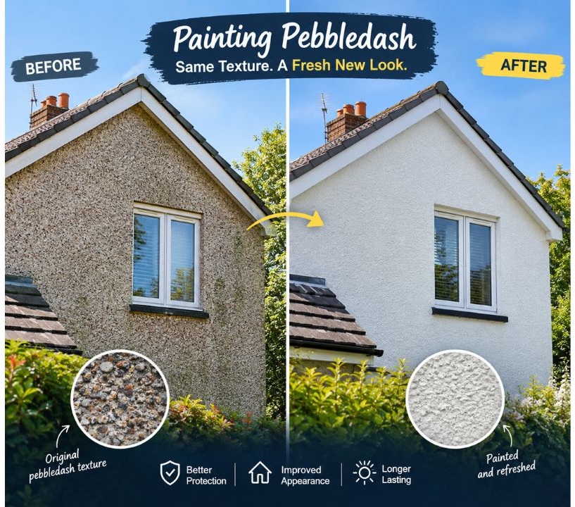 painting pebbledash before after